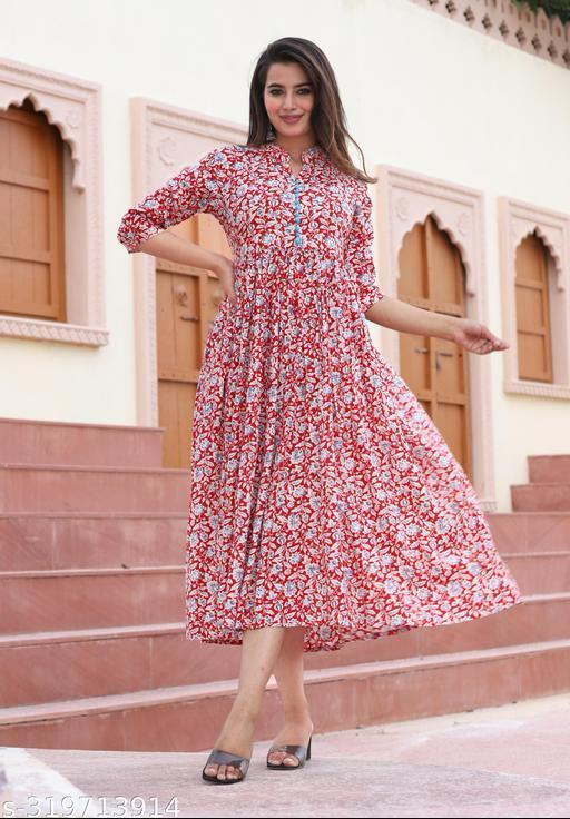 Elegant Printed Cotton Anarkali Kurti – Short Sleeves | Sizes S to 4XL - Posh And Pretty By Nav