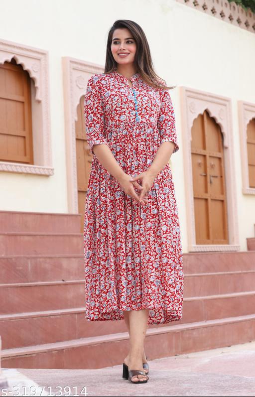 Elegant Printed Cotton Anarkali Kurti – Short Sleeves | Sizes S to 4XL - Posh And Pretty By Nav