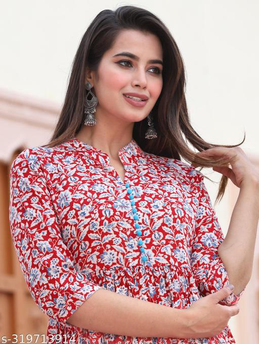 Elegant Printed Cotton Anarkali Kurti – Short Sleeves | Sizes S to 4XL - Posh And Pretty By Nav