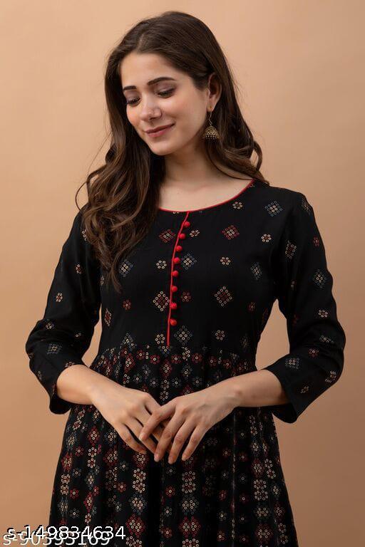 Elegant Printed Rayon Kurti with Three-Quarter Sleeves – Flowy & Comfortable - Posh And Pretty By Nav