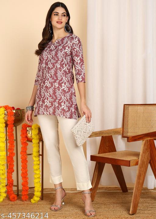 Stylish Cotton Blend Short Kurta for Women – Printed & Embroidered - Posh And Pretty By Nav