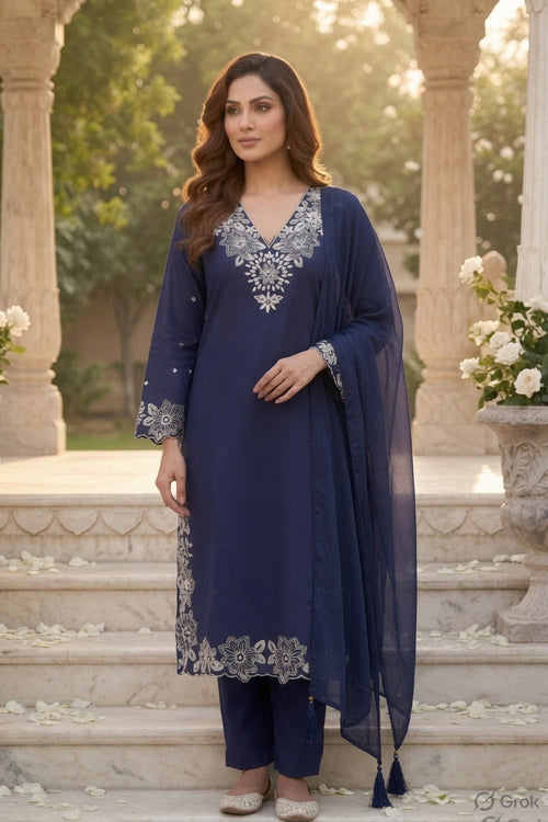 Navy Blue Embroidered Pure Cotton Suit Set