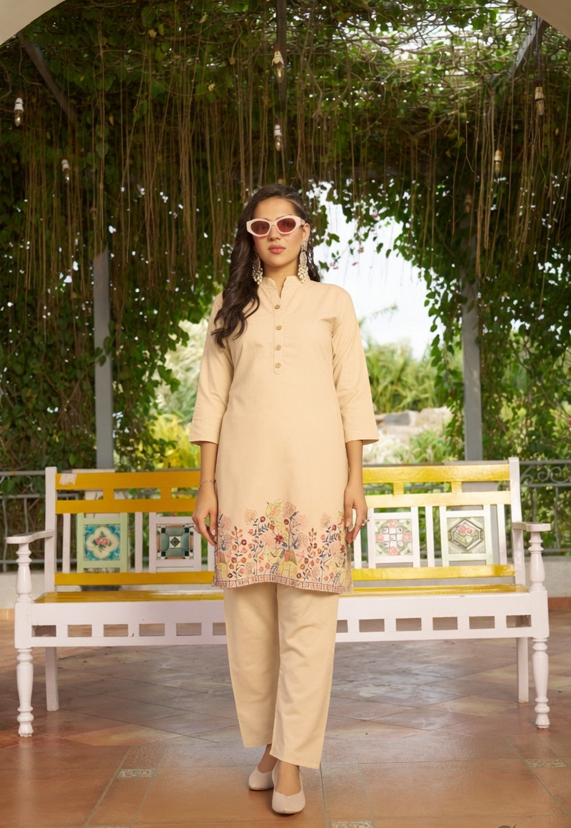 Beige Floral Embroidered Pure Cotton Co-Ord Set